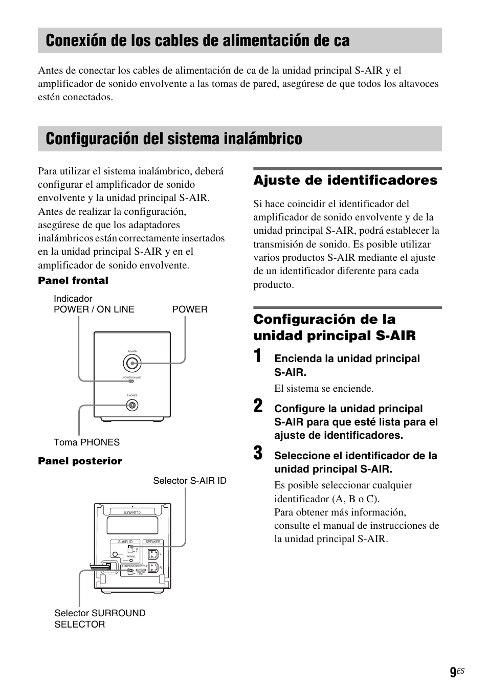 Conexión de los cables de alimentación de ca, Configuración del sistema inalámbrico, Ajuste de identificadores | Configuración de la unidad principal s-air, Panel frontal panel posterior | Sony WAHT-SA1 User Manual | Page 37 / 48