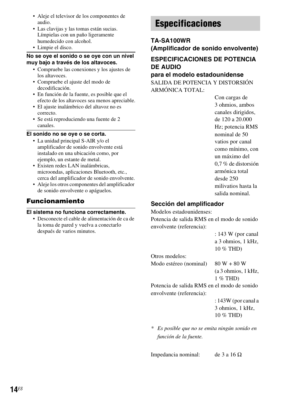 Especificaciones | Sony WAHT-SA1 User Manual | Page 42 / 48