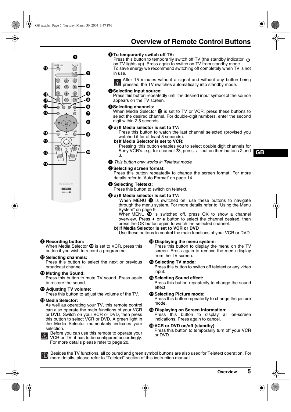 Overview of remote control buttons | Sony FD Trinitron WEGA KV-28CS70 User Manual | Page 5 / 24