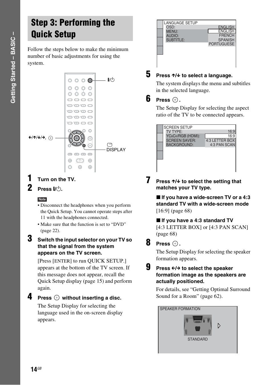Step 3: performing the quick setup, Step 3: performing the quick, Setup | Sony DAV-DZ231 User Manual | Page 14 / 96