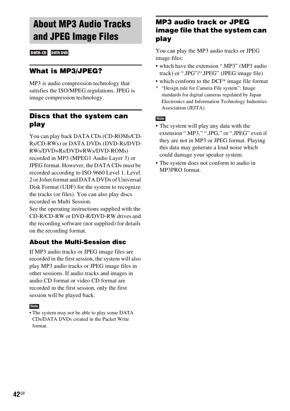 About mp3 audio tracks and jpeg image files, What is mp3/jpeg, Discs that the system can play | About mp3 audio tracks and jpeg, Image files | Sony DAV-DZ231 User Manual | Page 42 / 96
