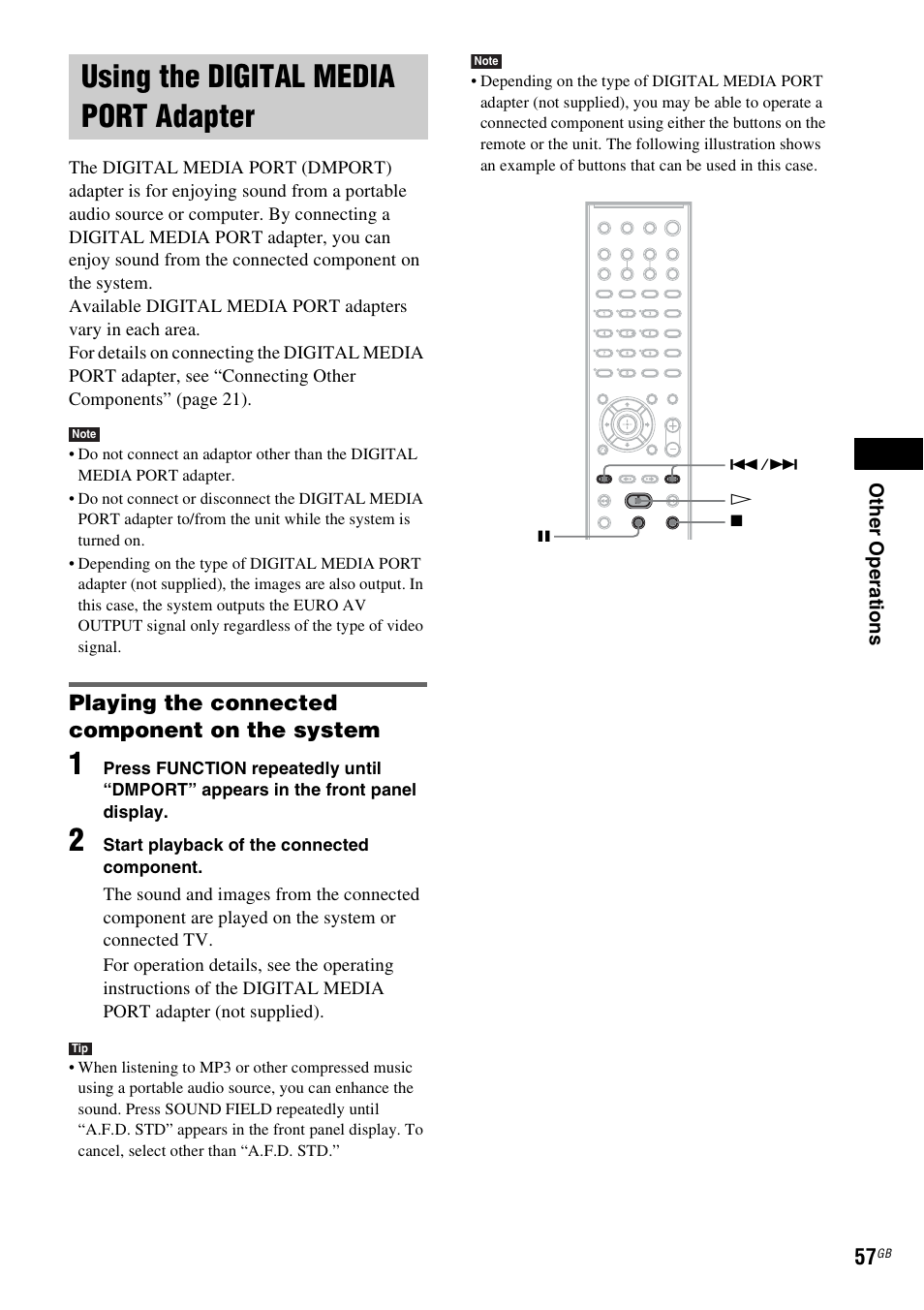 Using the digital media port adapter, Playing the connected component on the system, Using the digital media port | Adapter | Sony DAV-DZ231 User Manual | Page 57 / 96