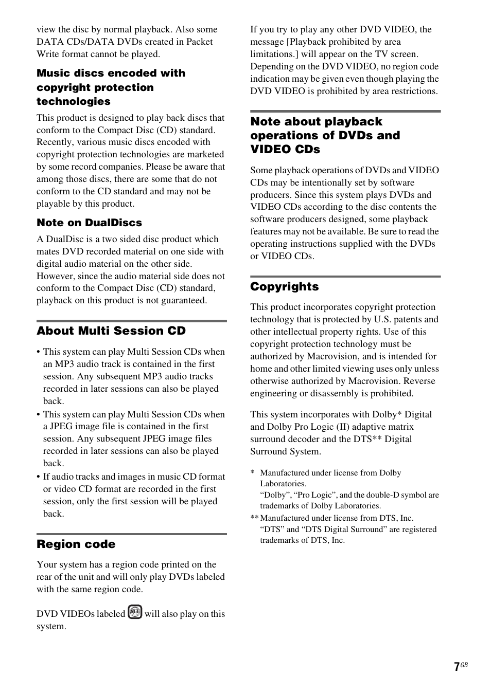 About multi session cd, Region code, Copyrights | Sony DAV-DZ231 User Manual | Page 7 / 96