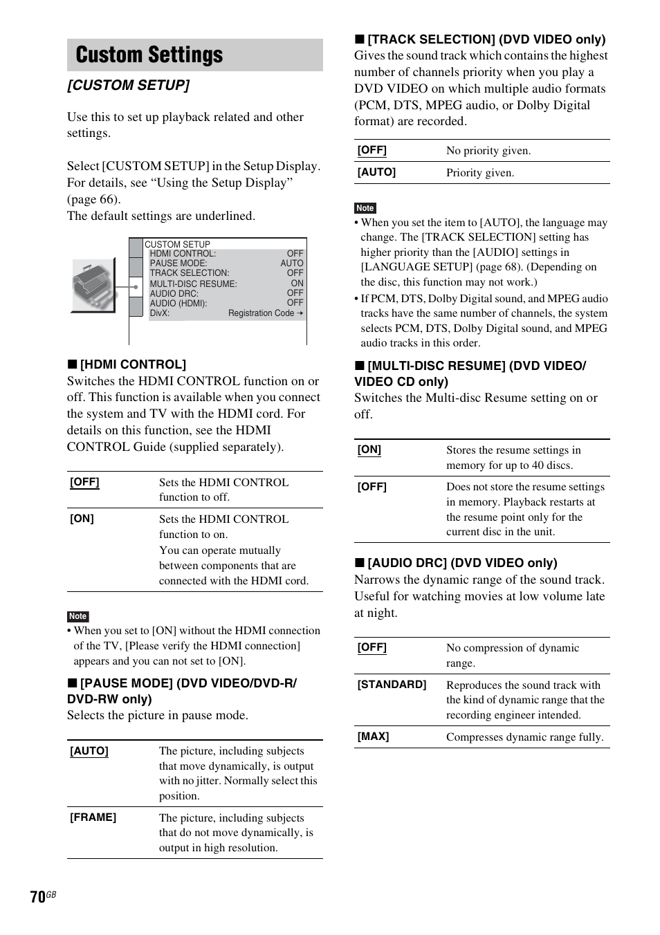 Custom settings, Custom setup | Sony DAV-DZ231 User Manual | Page 70 / 96