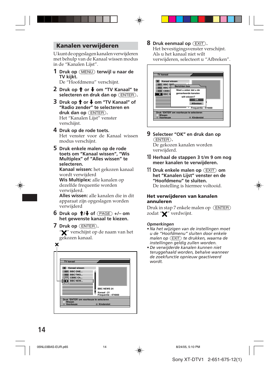 Kanalen verwijderen | Sony XT-DTV1 User Manual | Page 110 / 123