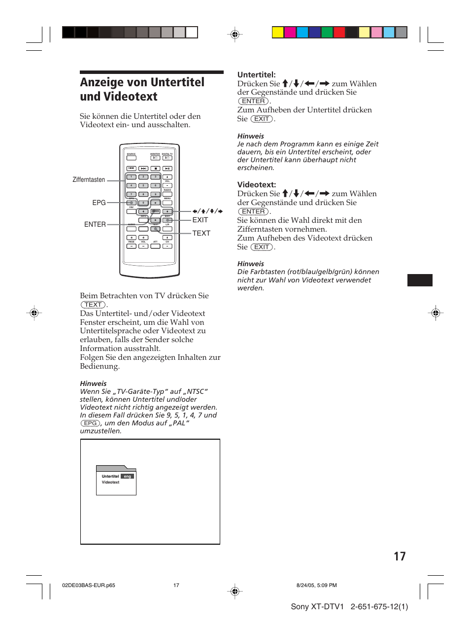 Anzeige von untertitel und videotext, Text enter b/v/v/b epg exit | Sony XT-DTV1 User Manual | Page 41 / 123