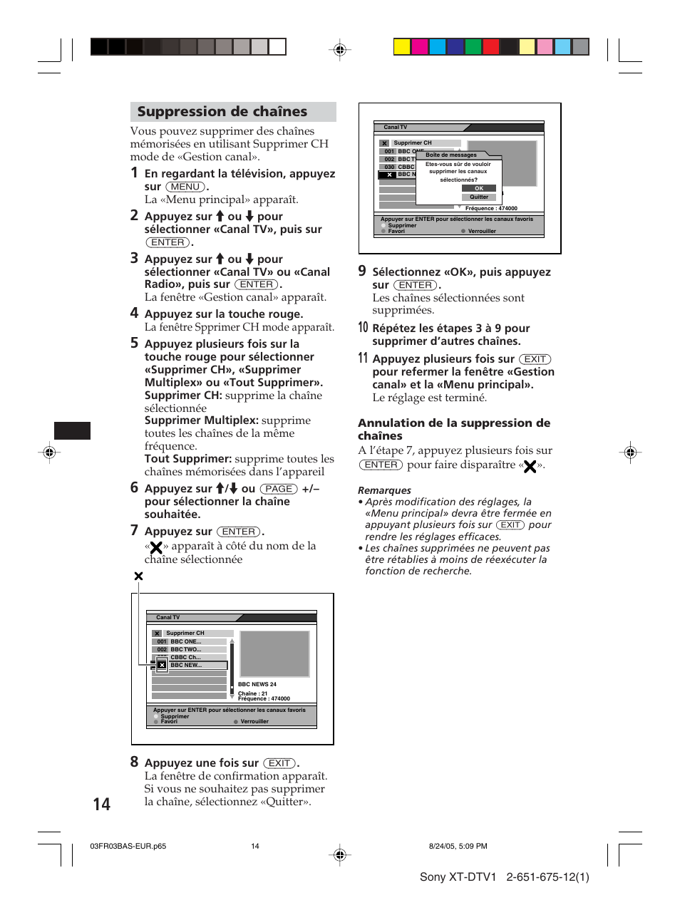 Suppression de chaînes | Sony XT-DTV1 User Manual | Page 62 / 123