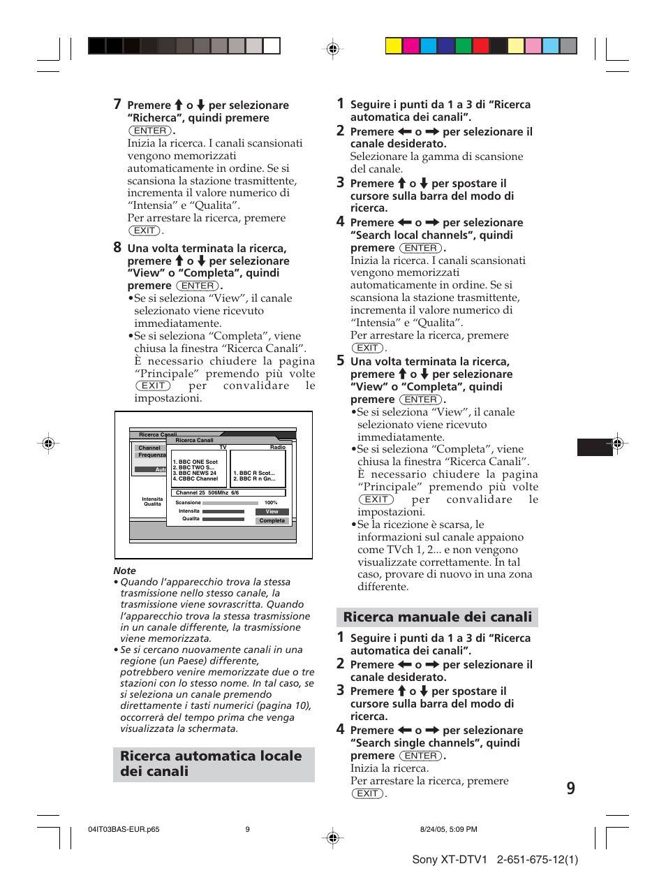 Ricerca automatica locale dei canali, Ricerca manuale dei canali | Sony XT-DTV1 User Manual | Page 81 / 123