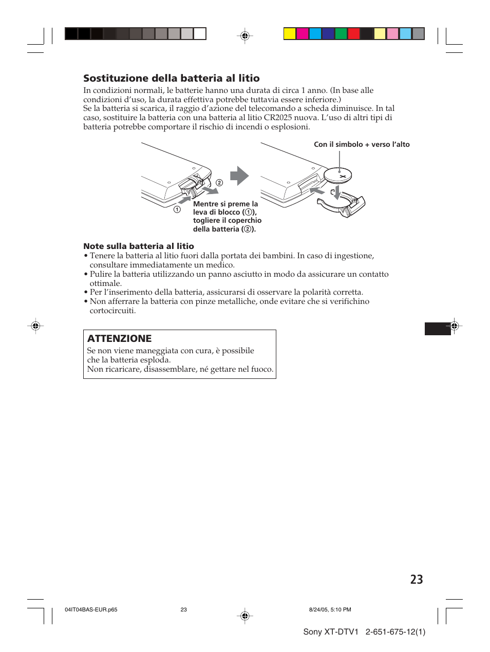 Sostituzione della batteria al litio, Attenzione | Sony XT-DTV1 User Manual | Page 95 / 123
