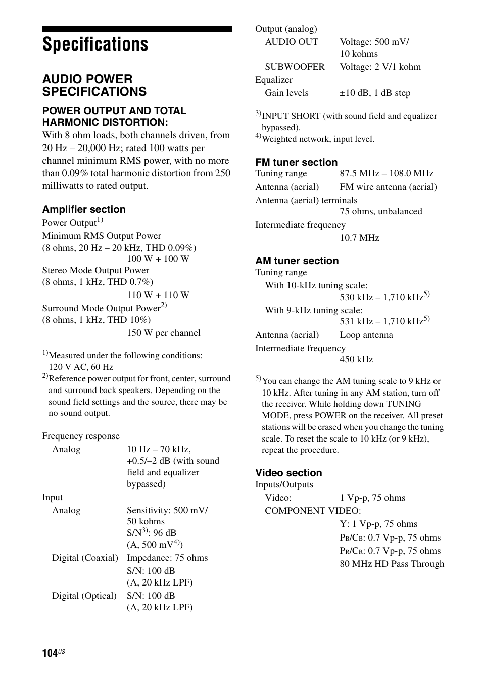 Specifications, Audio power specifications | Sony STR-DG820 User Manual | Page 104 / 108