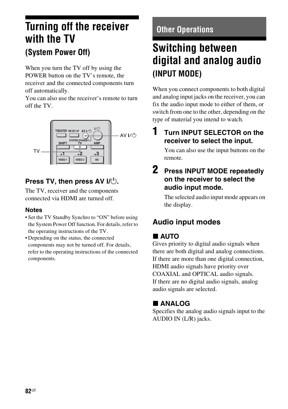 Other operations, Turning off the receiver with the tv, System power off) | Switching between digital and analog audio, Input mode), Audio input modes | Sony STR-DG820 User Manual | Page 82 / 108
