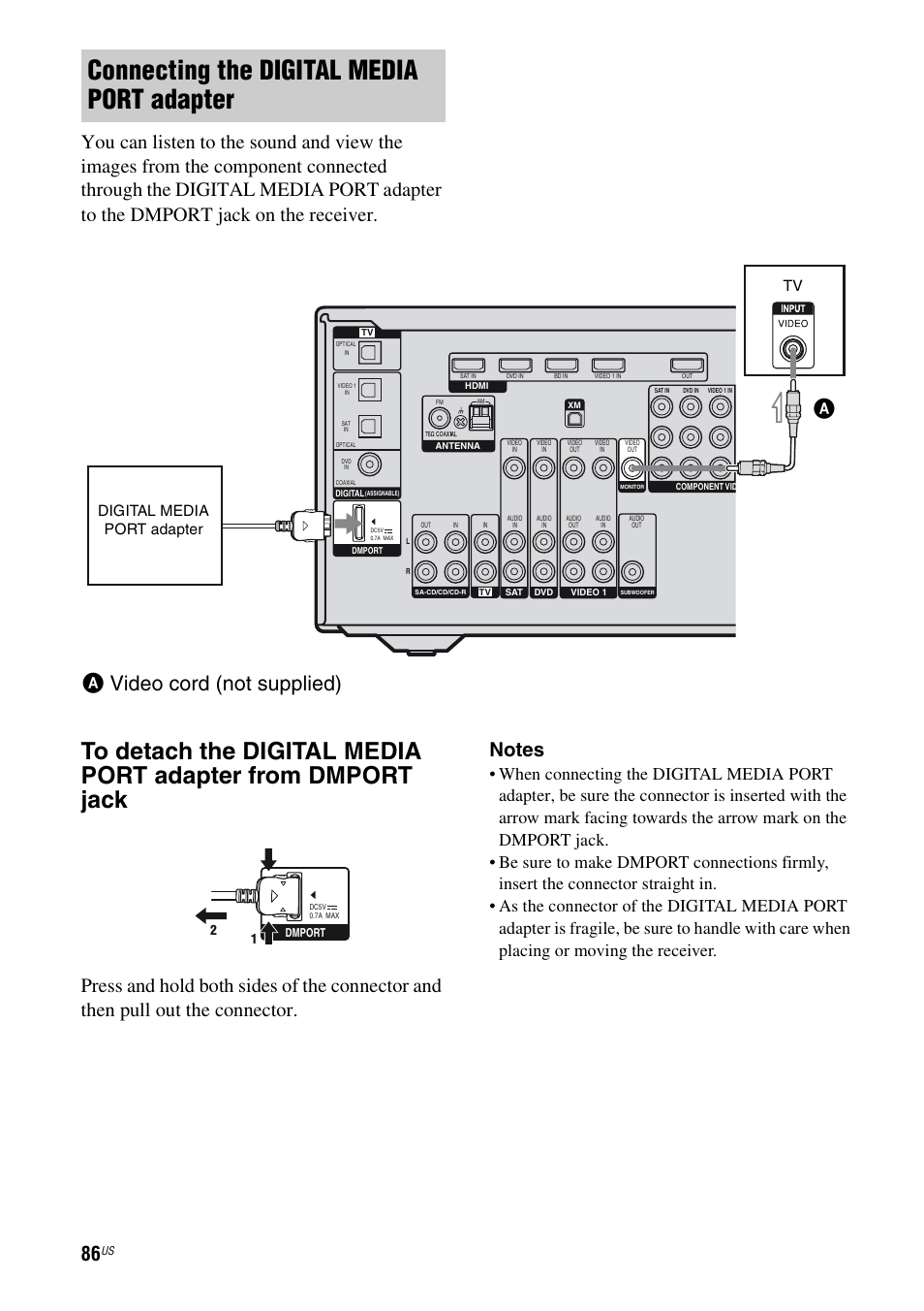 Connecting the digital media port adapter, Avideo cord (not supplied), Tv digital media port adapter | Sony STR-DG820 User Manual | Page 86 / 108