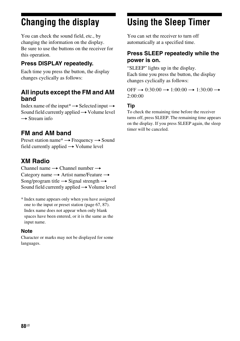 Changing the display, Using the sleep timer, Changing the display using the sleep timer | Sony STR-DG820 User Manual | Page 88 / 108