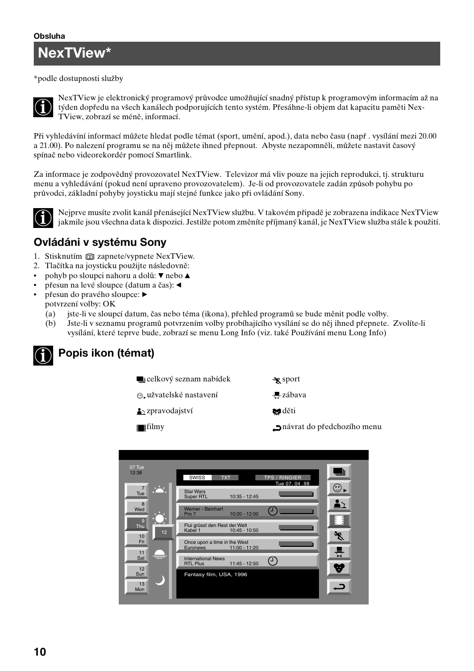 Nextview, Ovládáni v systému sony, Popis ikon (témat) | Sony FD Trinitron KV-32FX65 K User Manual | Page 12 / 108
