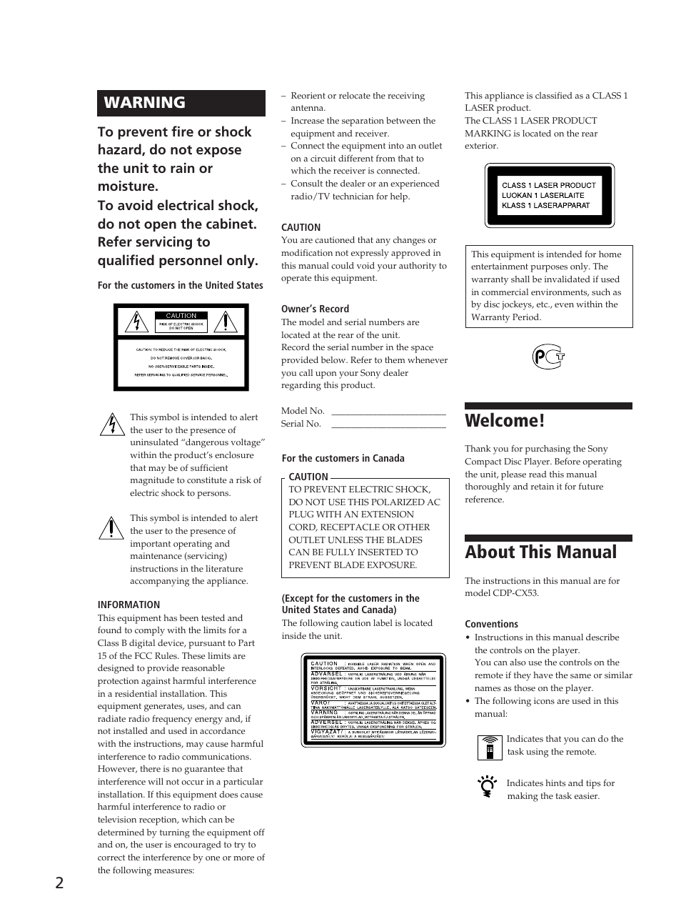 Welcome, About this manual, 2warning | Sony CDP-CX53 User Manual | Page 2 / 20