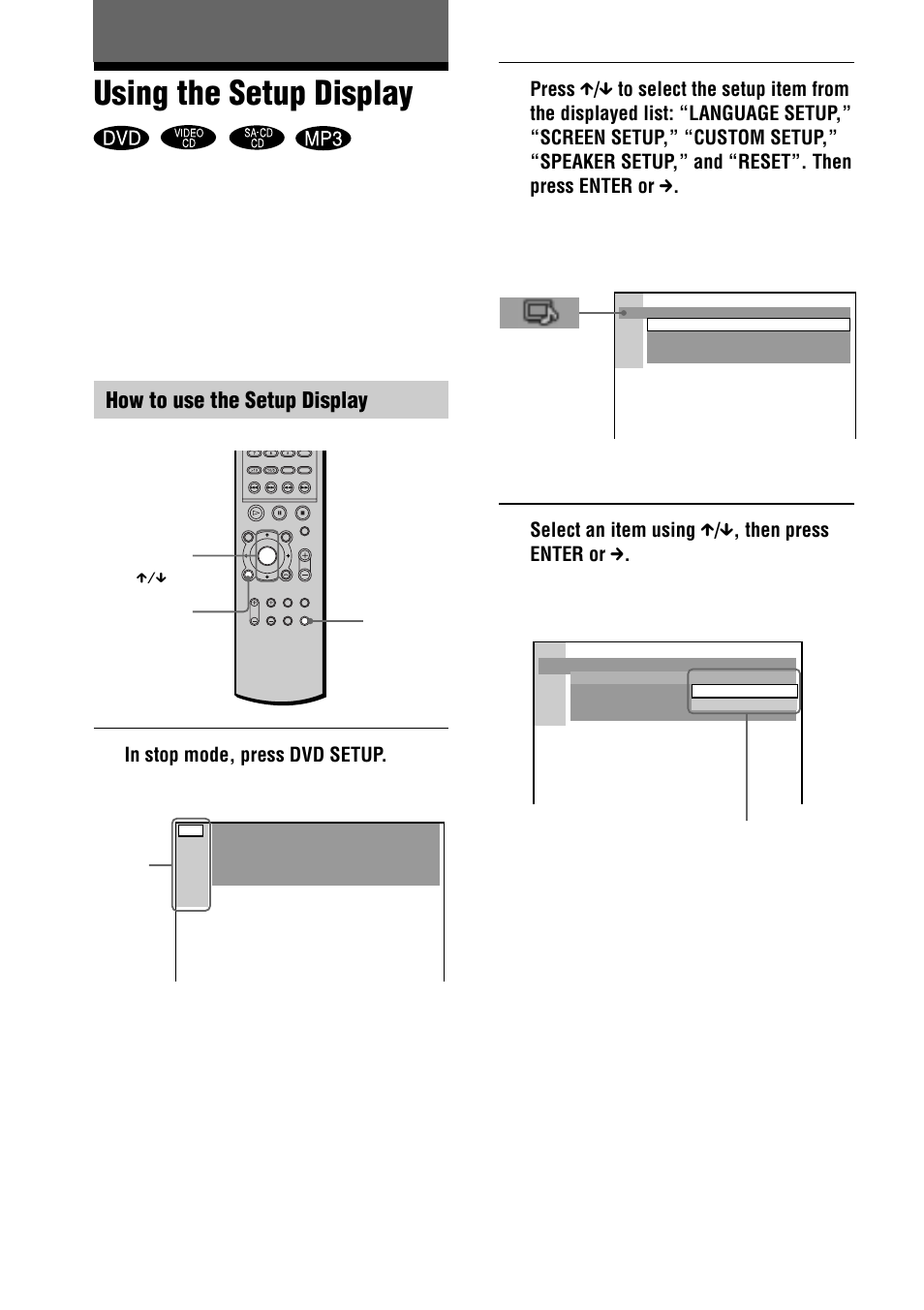 Using the setup display, How to use the setup display | Sony AVD-S50ES User Manual | Page 64 / 84
