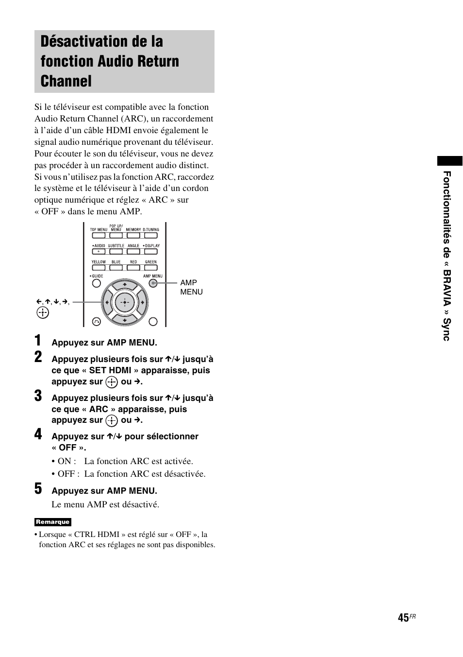 Désactivation de la fonction audio return channel, Désactivation de la fonction audio, Return channel | Sony nenuzhniy User Manual | Page 101 / 180