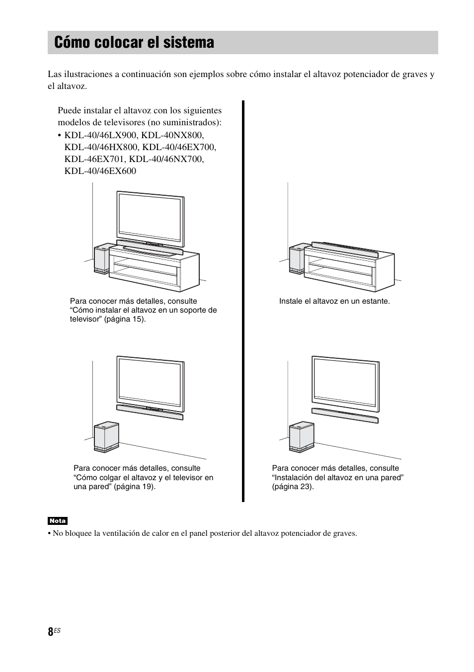 Cómo colocar el sistema | Sony nenuzhniy User Manual | Page 124 / 180