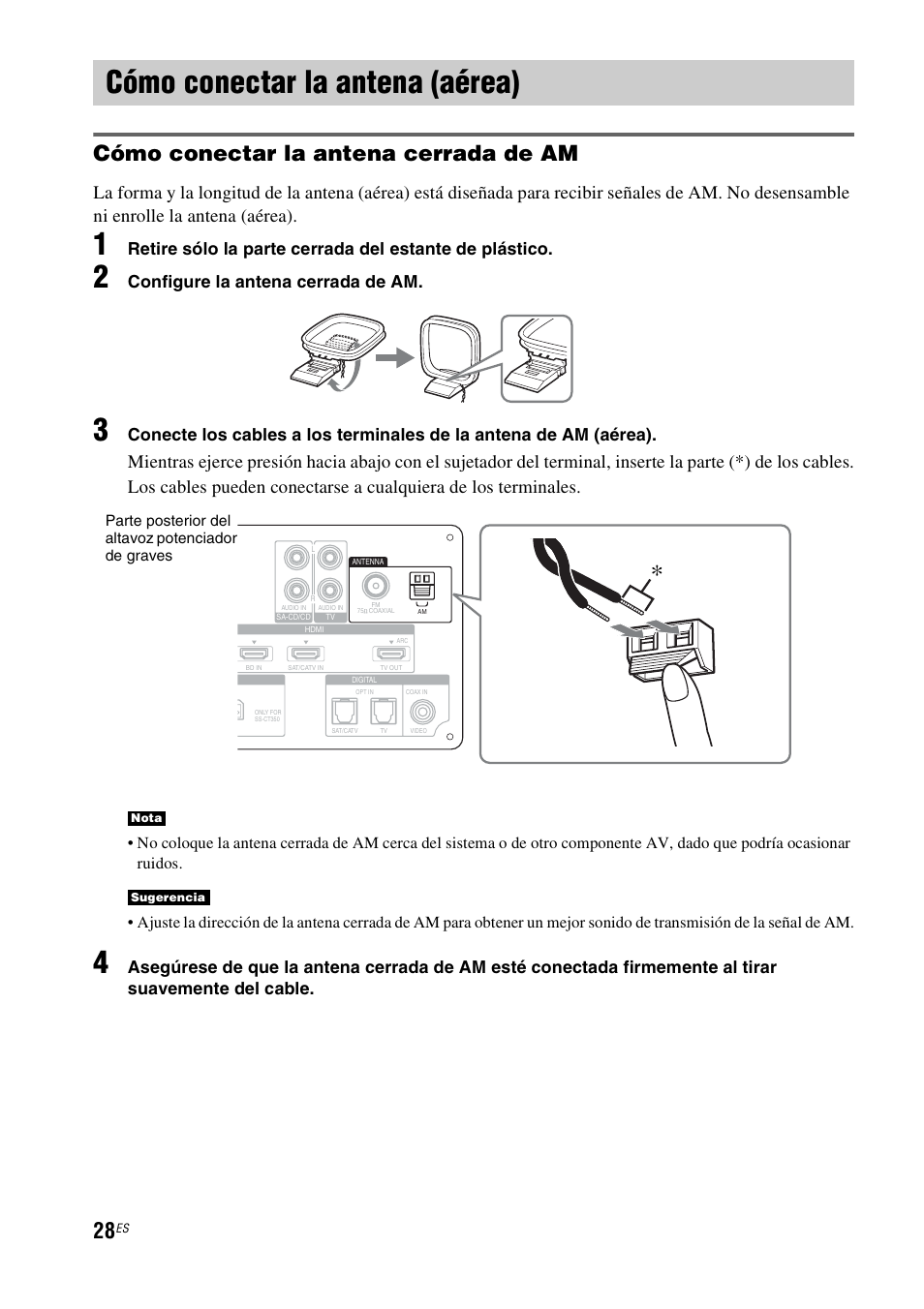 Cómo conectar la antena (aérea), Cómo conectar la antena cerrada de am, Configure la antena cerrada de am | Sony nenuzhniy User Manual | Page 144 / 180