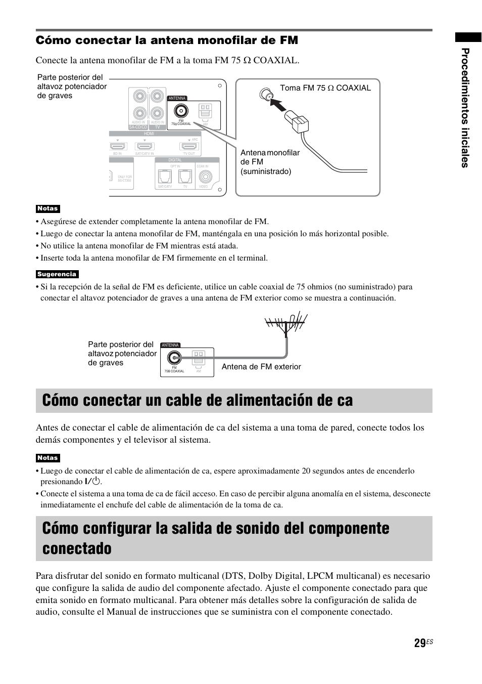 Cómo conectar un cable de alimentación de ca, Cómo conectar un cable de alimentación, De ca | Cómo configurar la salida de sonido del, Componente conectado, Cómo conectar la antena monofilar de fm, Pr o ced imie ntos inic iale s | Sony nenuzhniy User Manual | Page 145 / 180