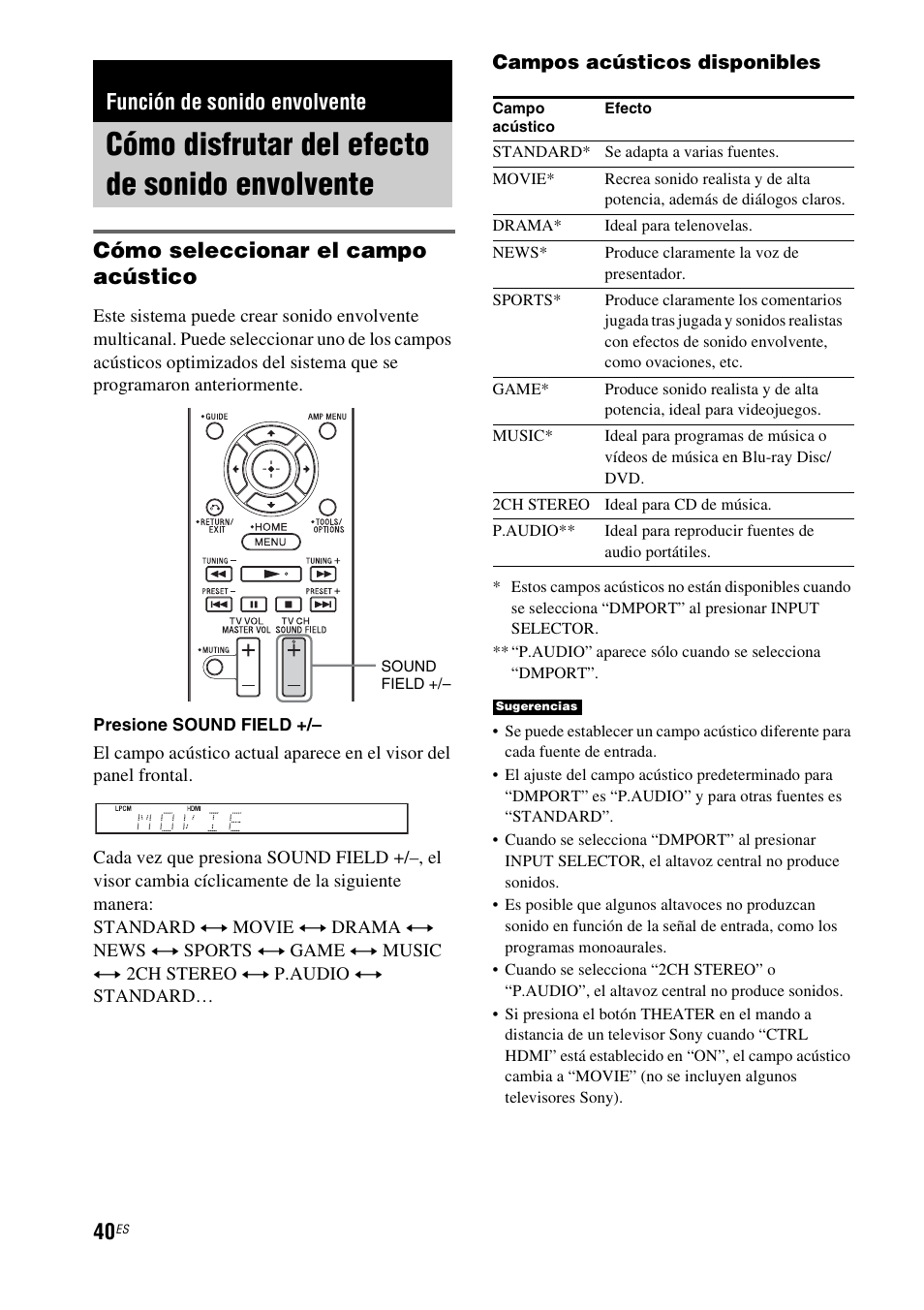 Función de sonido envolvente, Cómo disfrutar del efecto de sonido envolvente, Cómo disfrutar del efecto de sonido | Envolvente, Cómo seleccionar el campo acústico | Sony nenuzhniy User Manual | Page 156 / 180