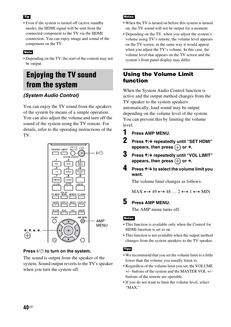 Enjoying the tv sound from the system, Enjoying the tv sound from the, System (system audio control) | Using the volume limit function | Sony nenuzhniy User Manual | Page 40 / 180