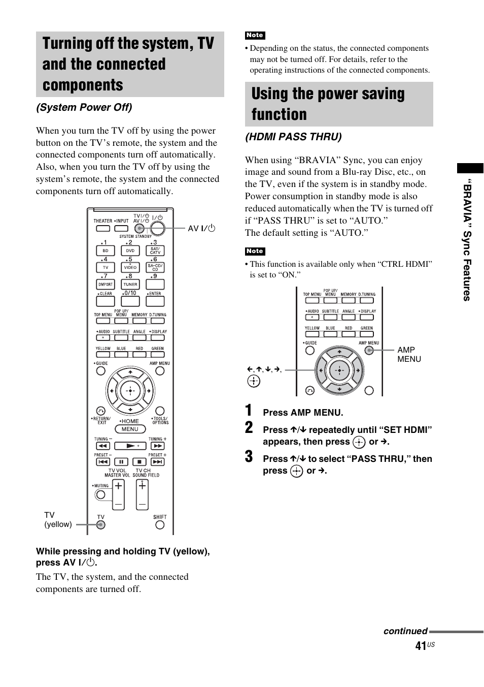 Using the power saving function, Turning off the system, tv and the, Connected components (system power off) | Hdmi pass thru) | Sony nenuzhniy User Manual | Page 41 / 180