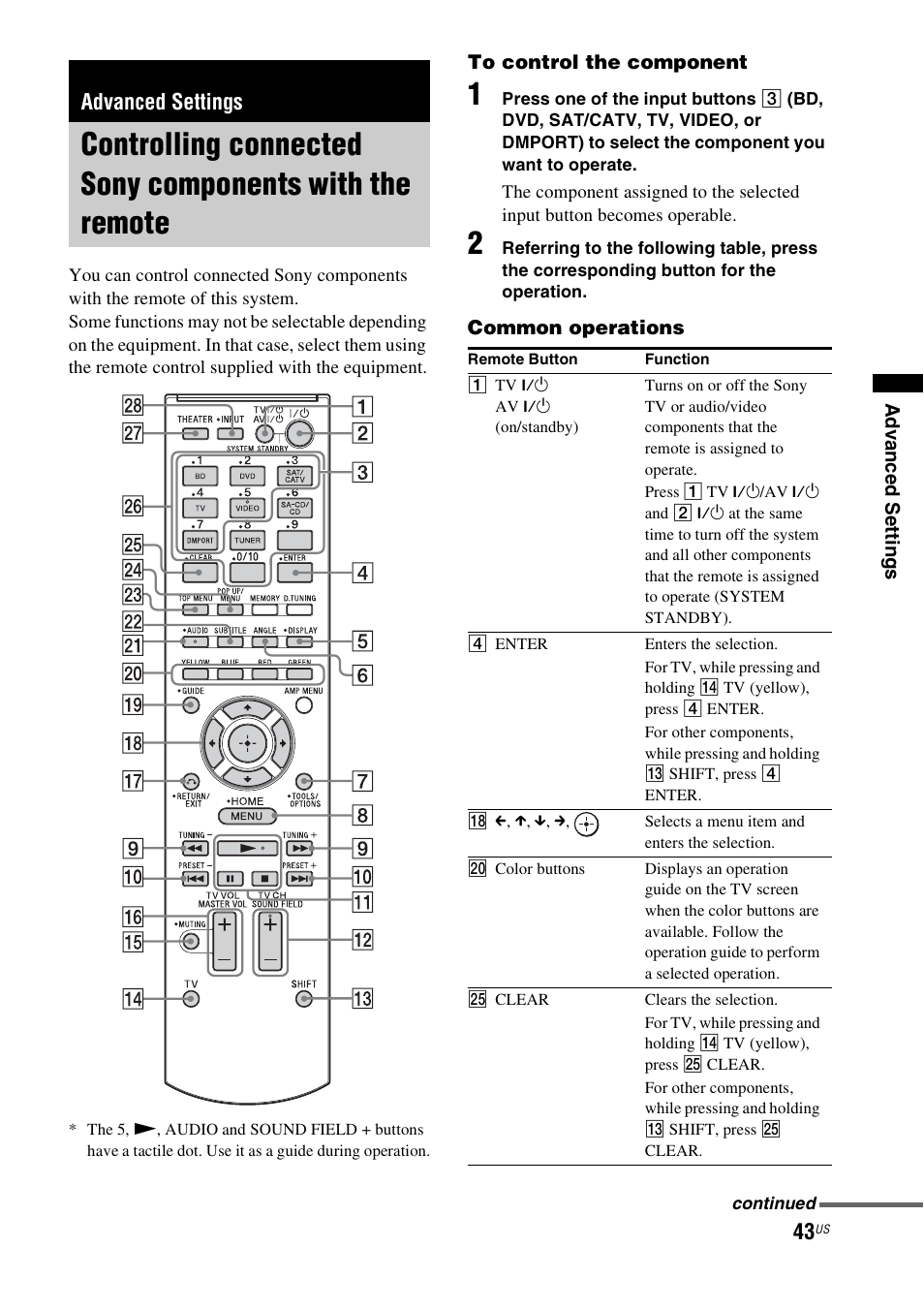 Advanced settings, Controlling connected sony components, With the remote | Sony nenuzhniy User Manual | Page 43 / 180