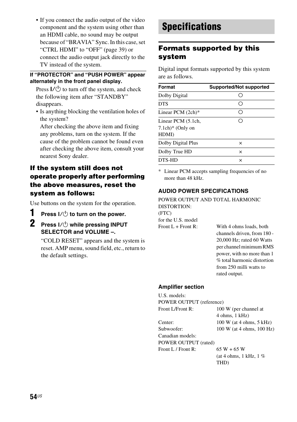 Specifications, Formats supported by this system | Sony nenuzhniy User Manual | Page 54 / 180