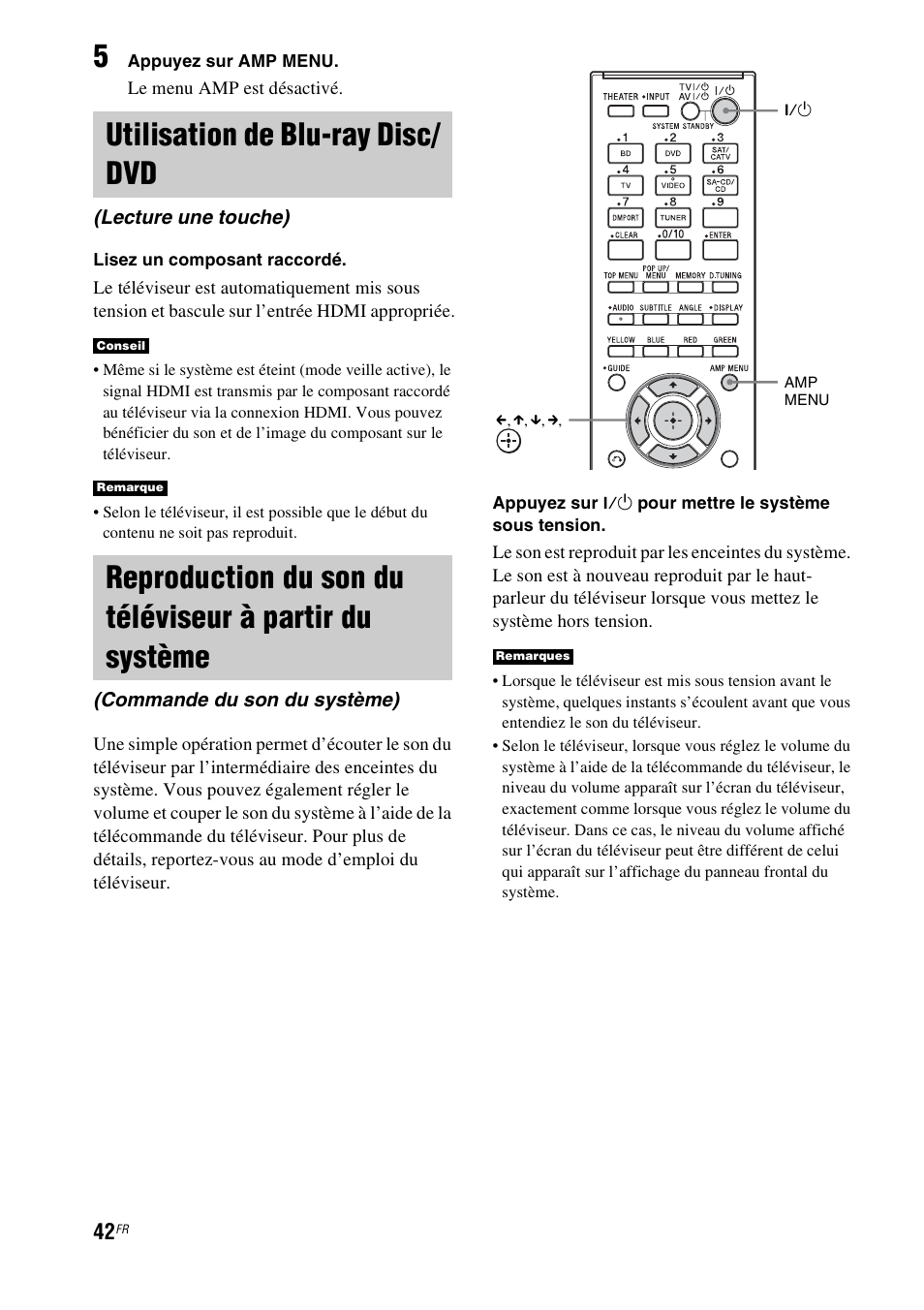 Utilisation de blu-ray disc/dvd, Lecture une touche), Reproduction du son du téléviseur à | Partir du système (commande du son du système), Utilisation de blu-ray disc/ dvd | Sony nenuzhniy User Manual | Page 98 / 180