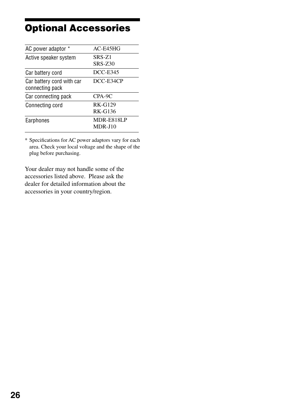 Optional accessories | Sony D-NS505 User Manual | Page 26 / 28