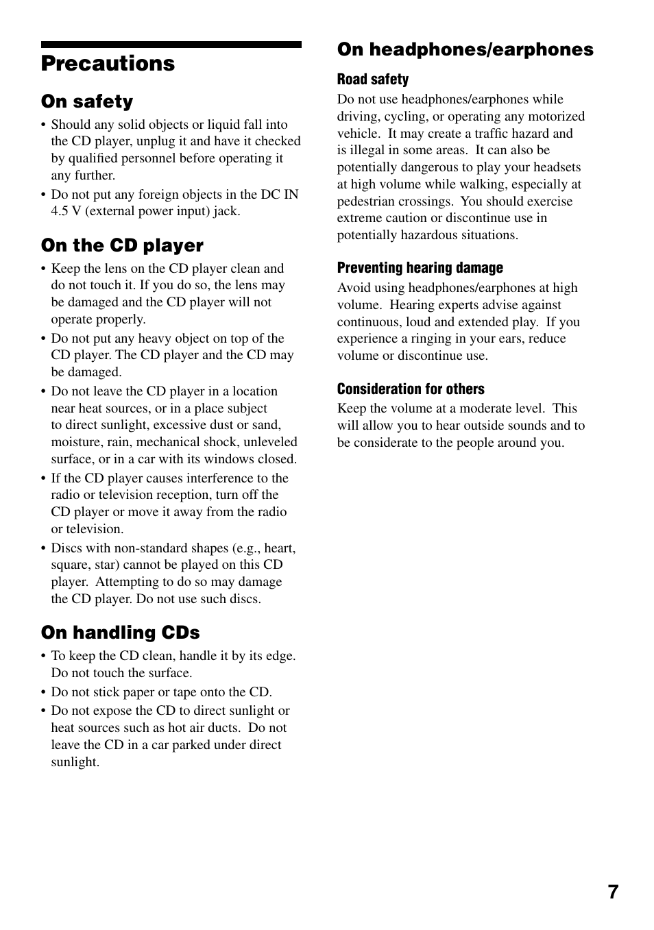 Precautions, On safety, On the cd player | On handling cds, On headphones/earphones, 7 on the cd player, 7 on handling cds, 7 on headphones/earphones | Sony D-NS505 User Manual | Page 7 / 28