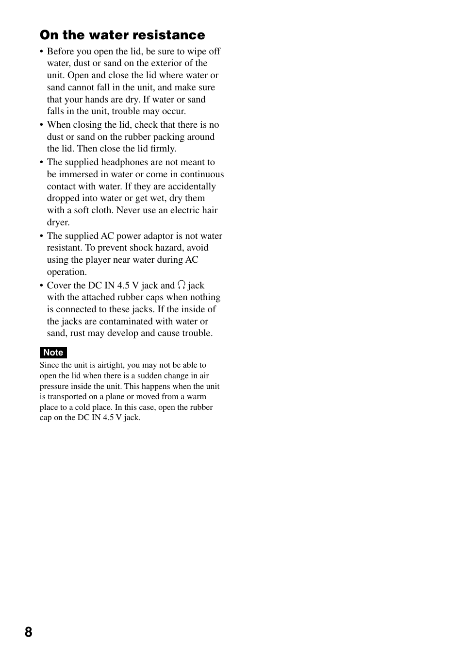 On the water resistance | Sony D-NS505 User Manual | Page 8 / 28