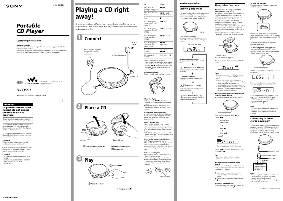 Sony CD Walkman D-EQ550 User Manual | 2 pages