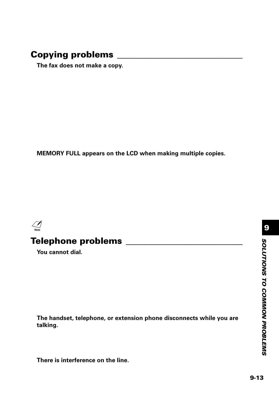 Copying problems, Telephone problems | Sony FAX-B140 User Manual | Page 103 / 119