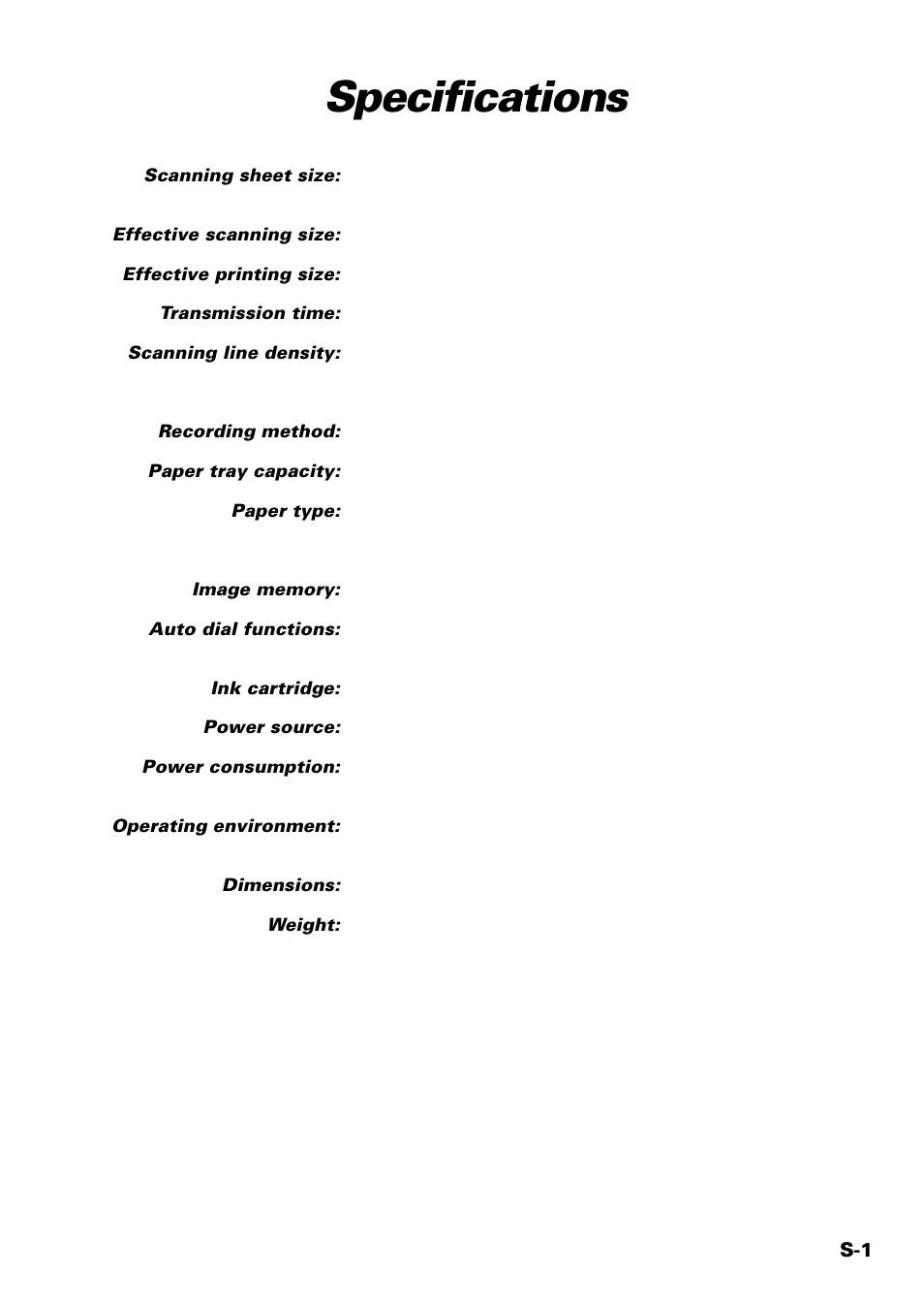Specifications | Sony FAX-B140 User Manual | Page 111 / 119