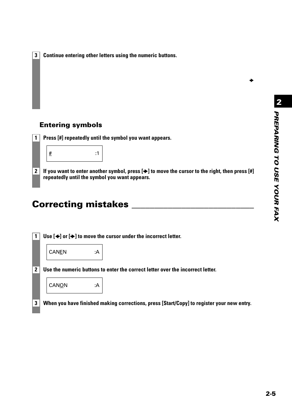 Correcting mistakes, Entering symbols | Sony FAX-B140 User Manual | Page 27 / 119