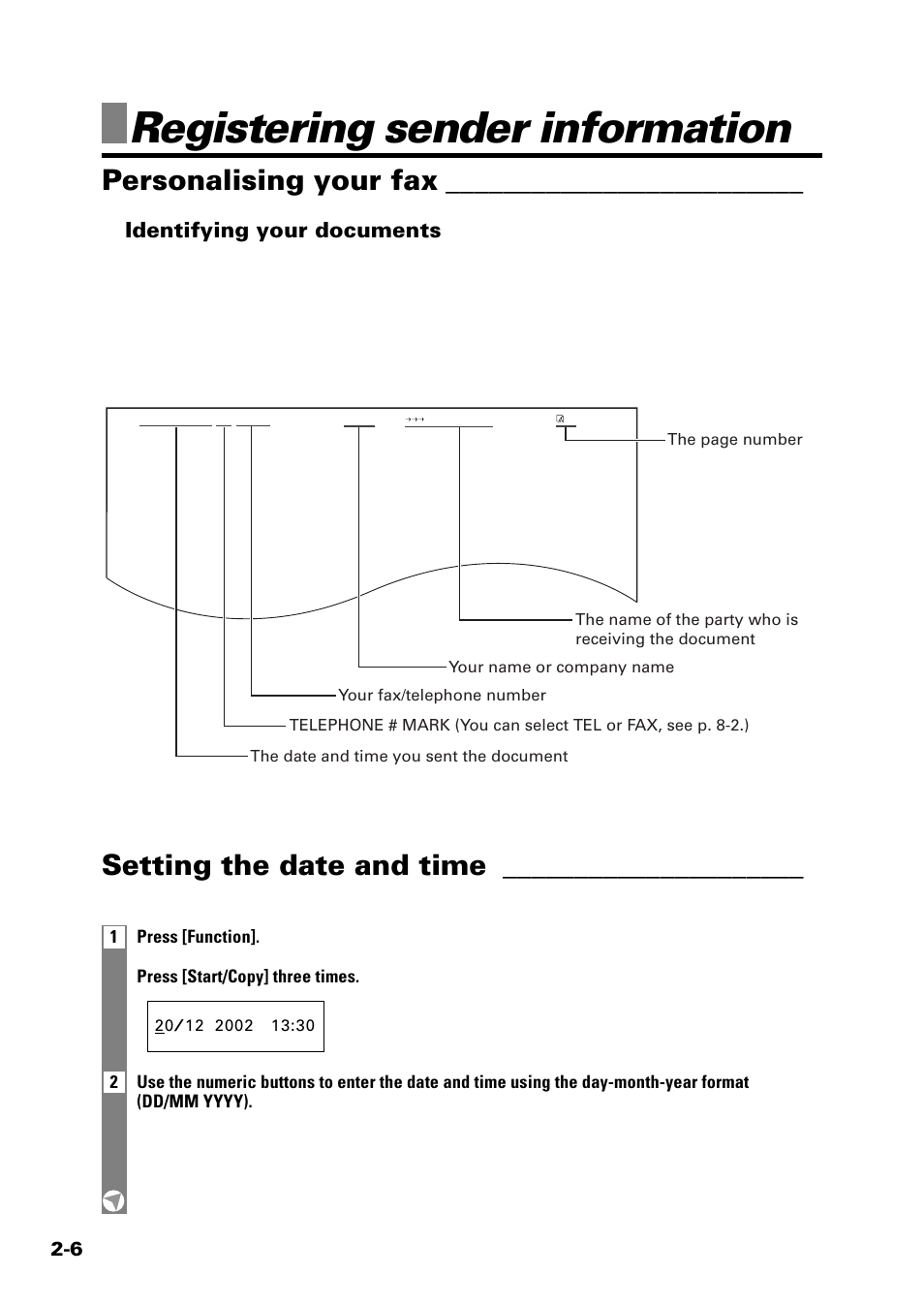 Registering sender information, Setting the date and time, Personalising your fax | Identifying your documents | Sony FAX-B140 User Manual | Page 28 / 119