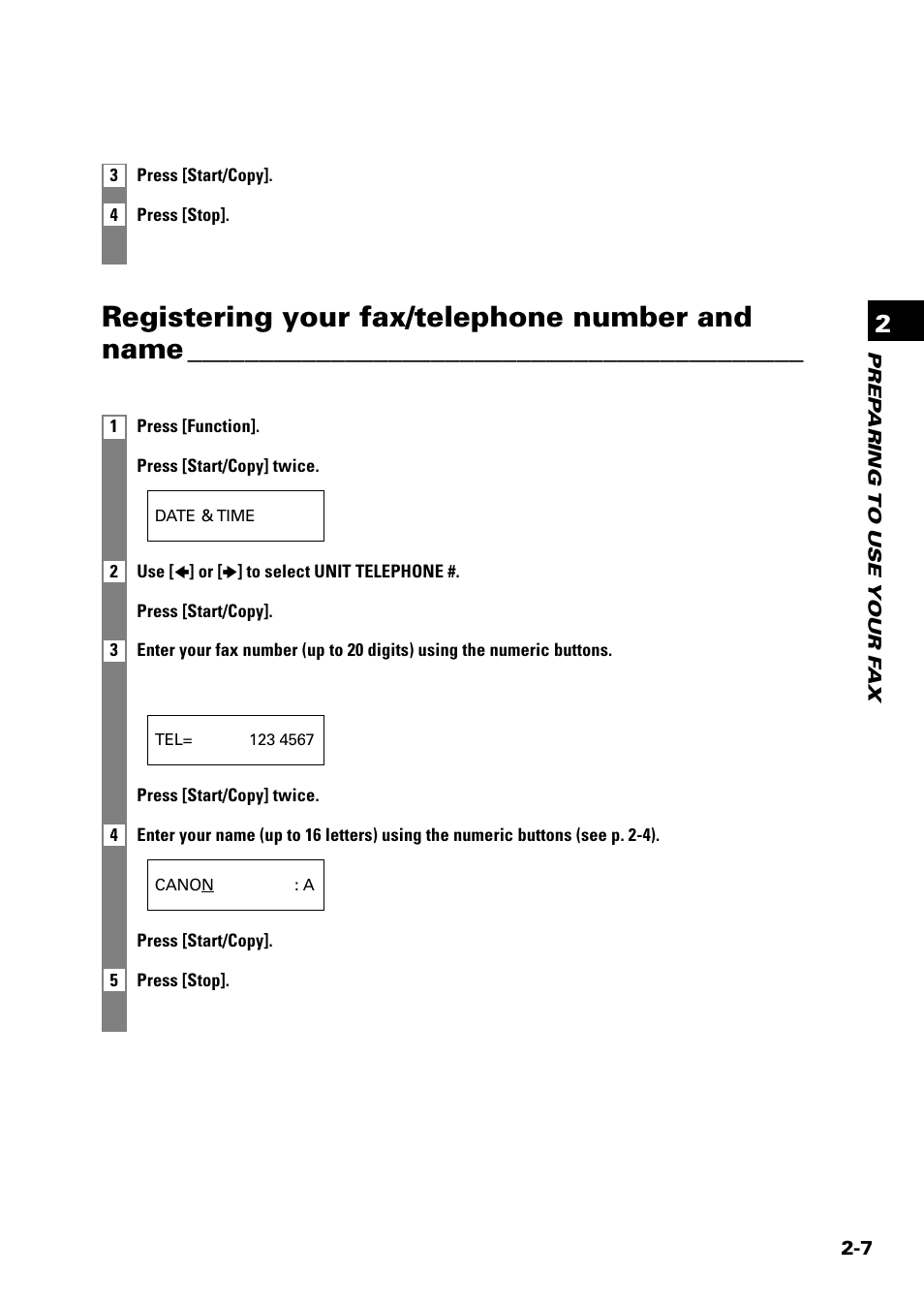 Registering your fax/telephone number and name | Sony FAX-B140 User Manual | Page 29 / 119