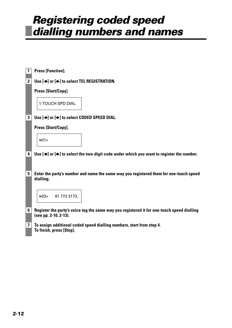 Registering coded speed dialling numbers and names | Sony FAX-B140 User Manual | Page 34 / 119