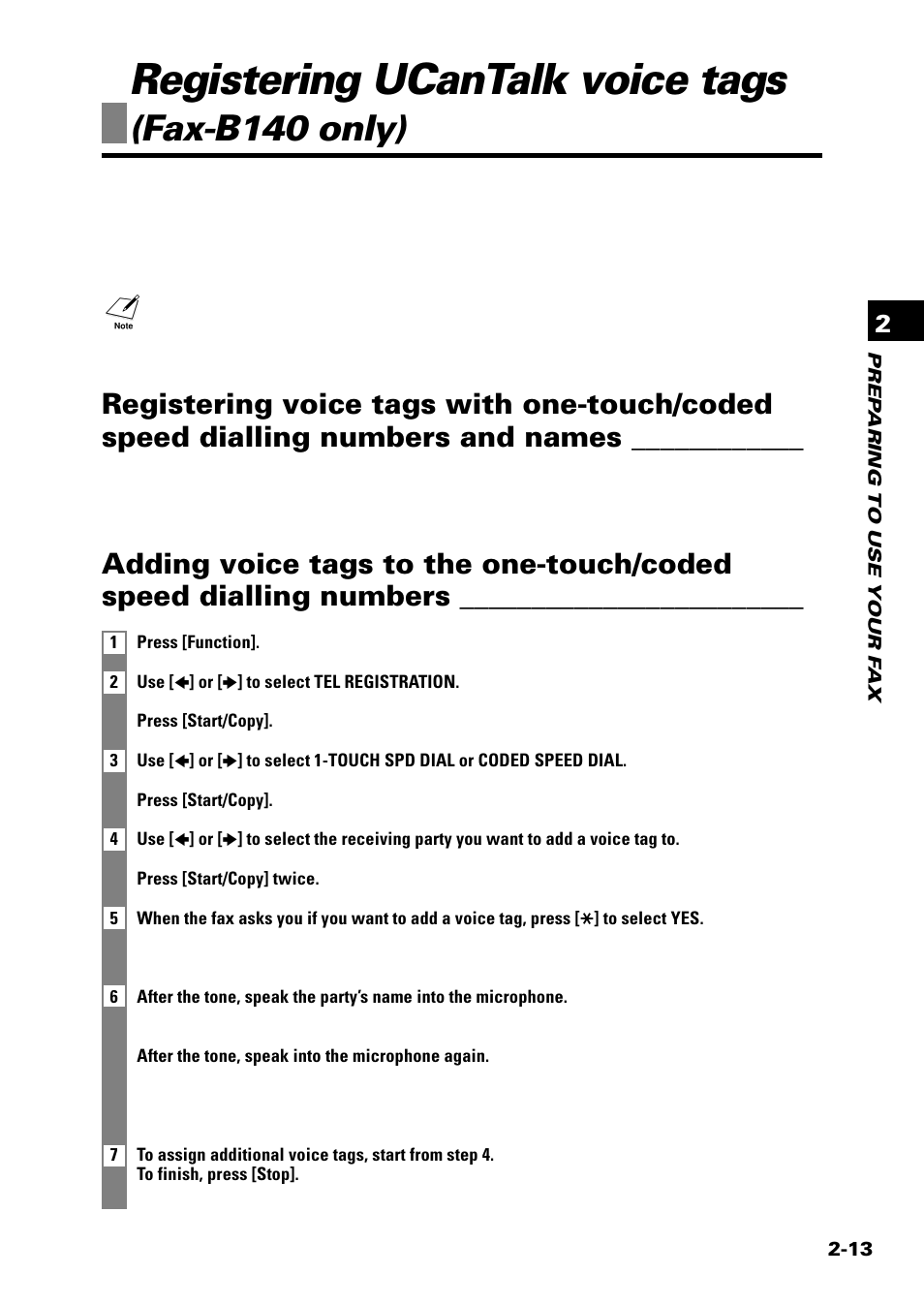 Registering ucantalk voice tags, Fax-b140 only) | Sony FAX-B140 User Manual | Page 35 / 119