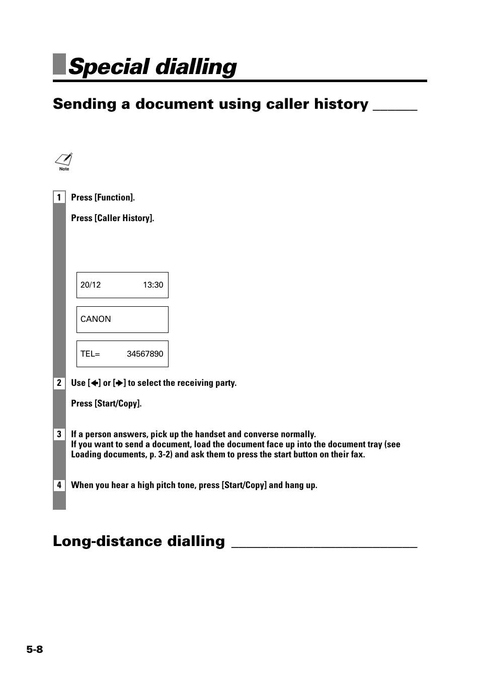 Special dialling, Sending a document using caller history, Long-distance dialling | Sony FAX-B140 User Manual | Page 50 / 119