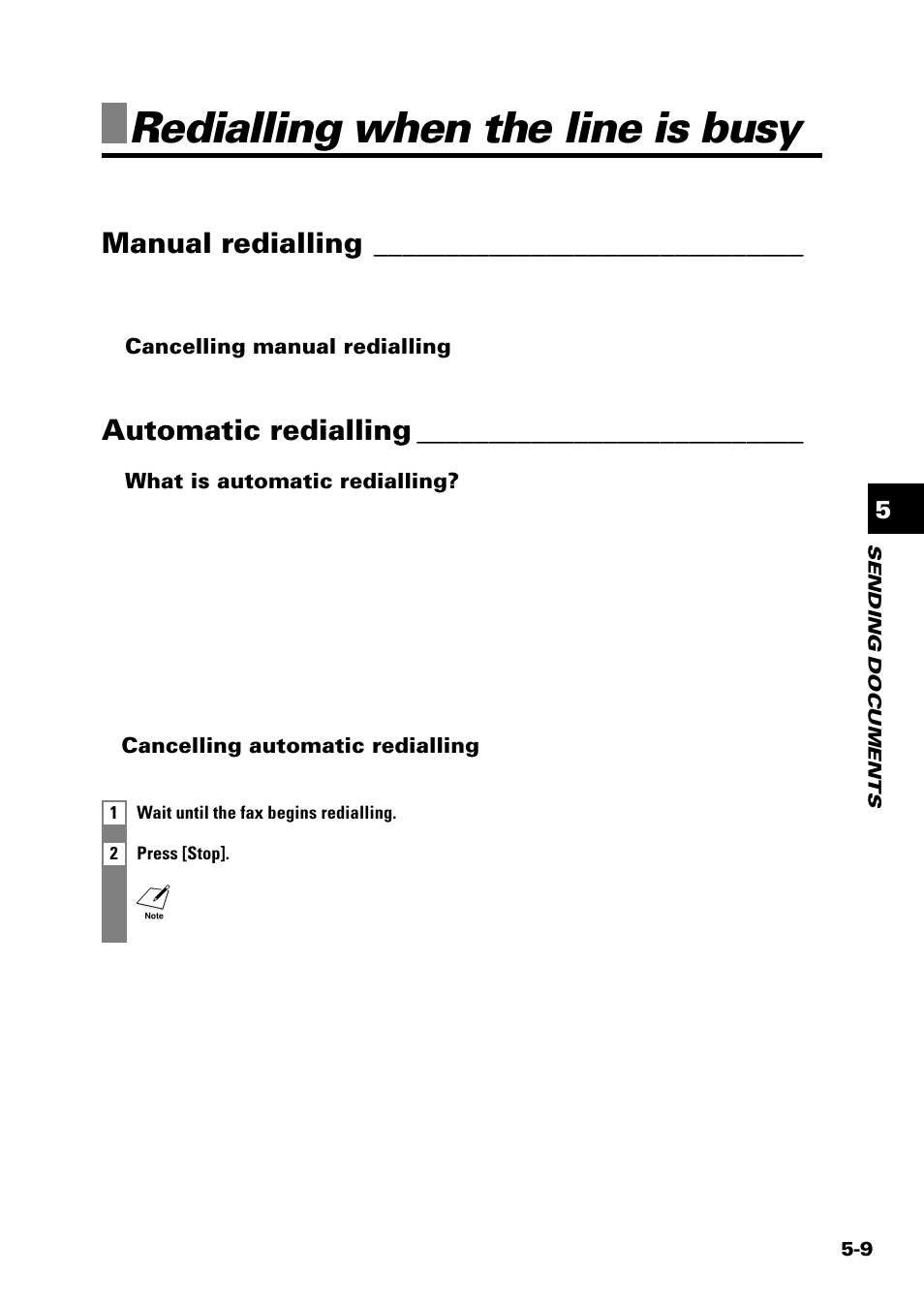 Redialling when the line is busy, Manual redialling, Automatic redialling | Sony FAX-B140 User Manual | Page 51 / 119