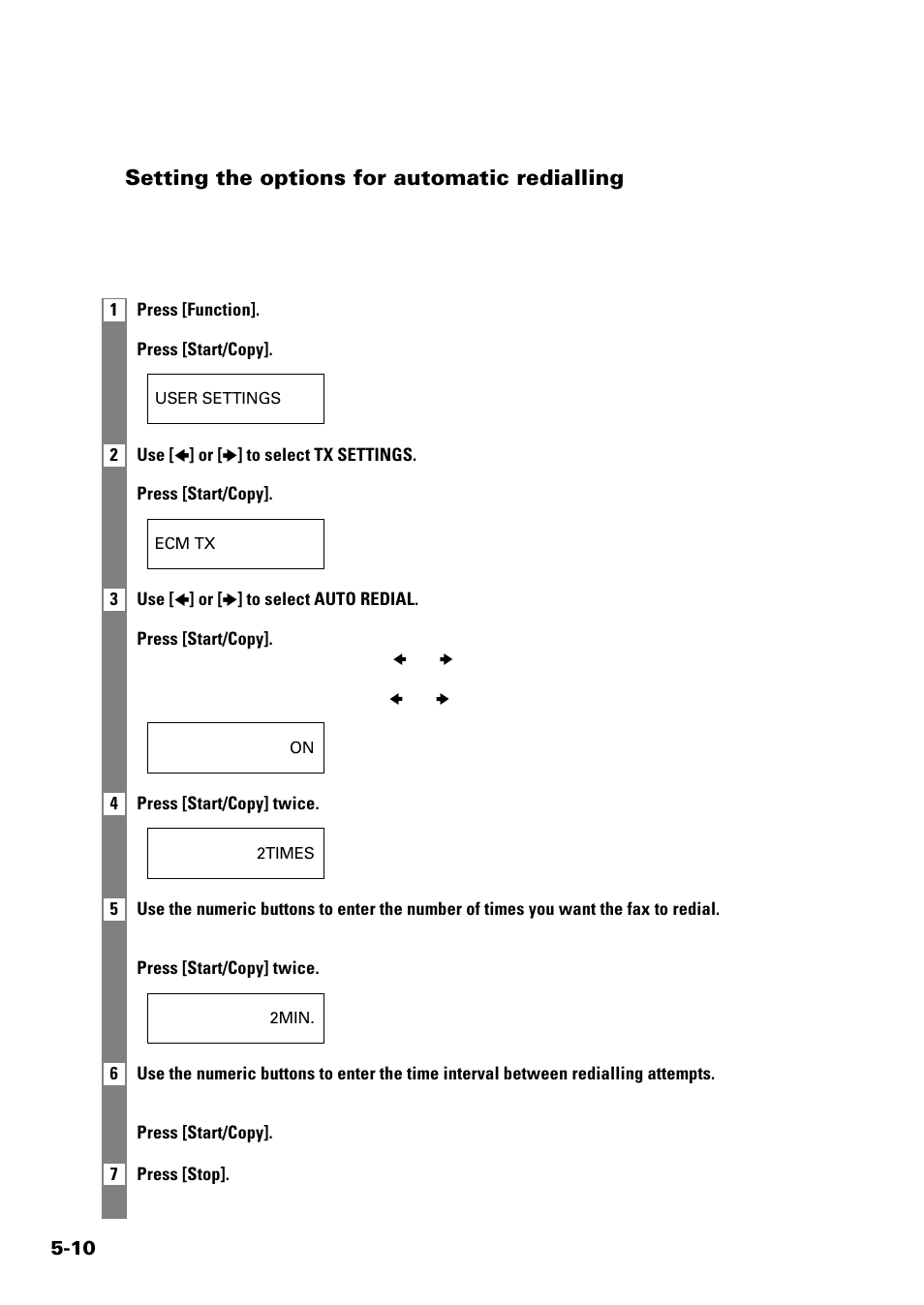 Setting the options for automatic redialling | Sony FAX-B140 User Manual | Page 52 / 119