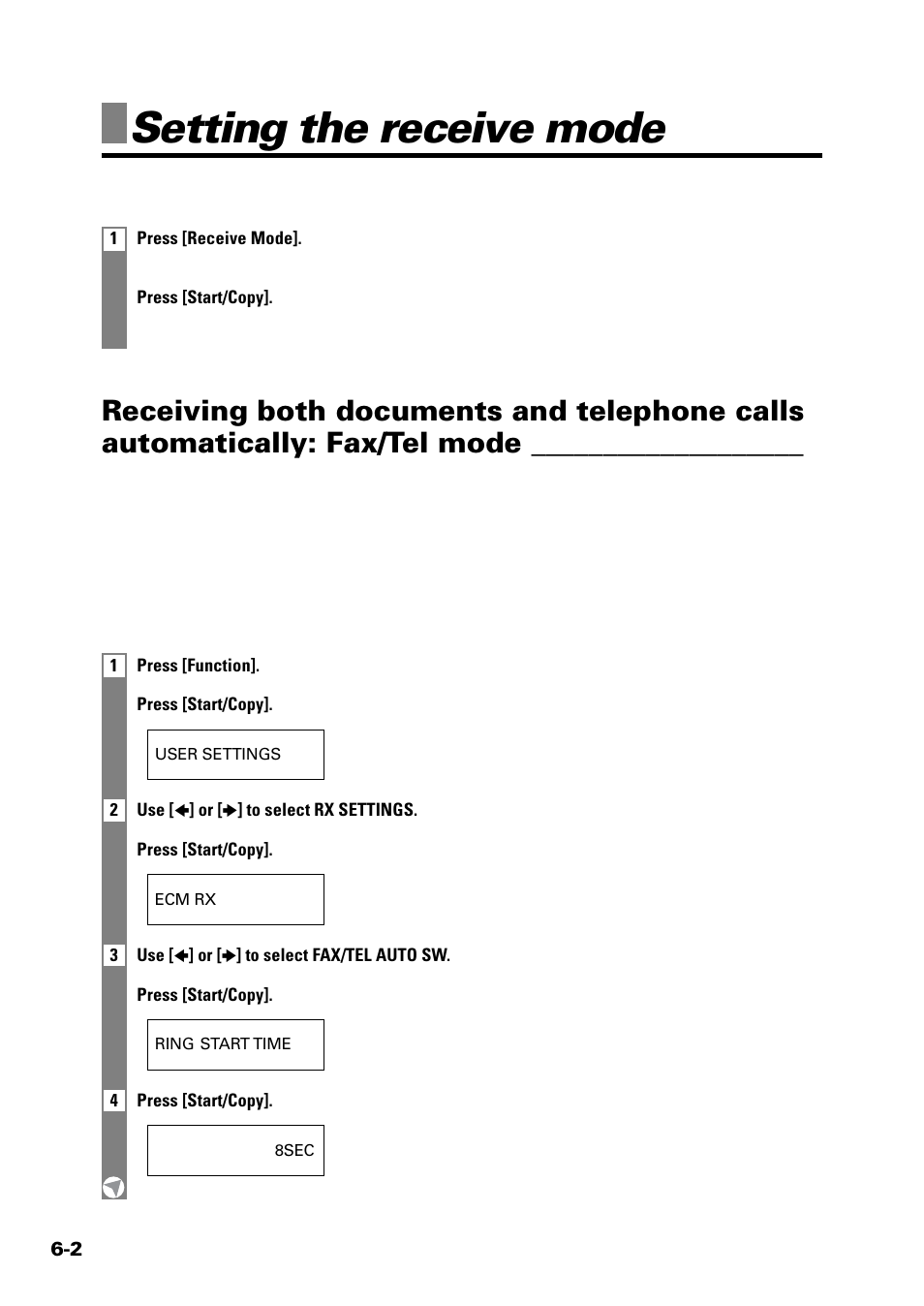 Setting the receive mode | Sony FAX-B140 User Manual | Page 60 / 119
