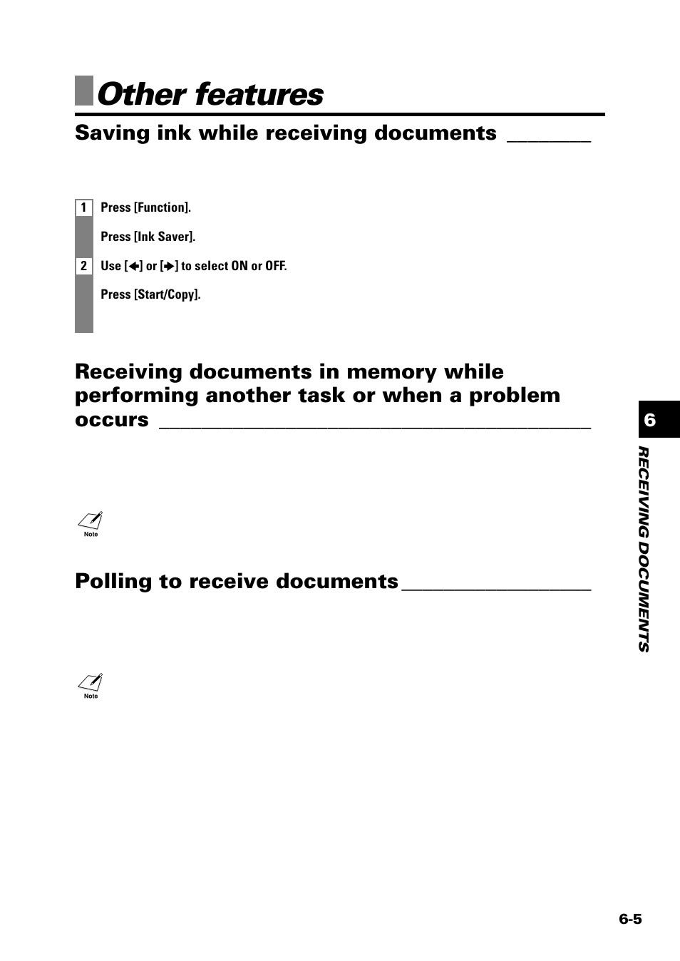 Other features, Saving ink while receiving documents, Polling to receive documents | Sony FAX-B140 User Manual | Page 63 / 119