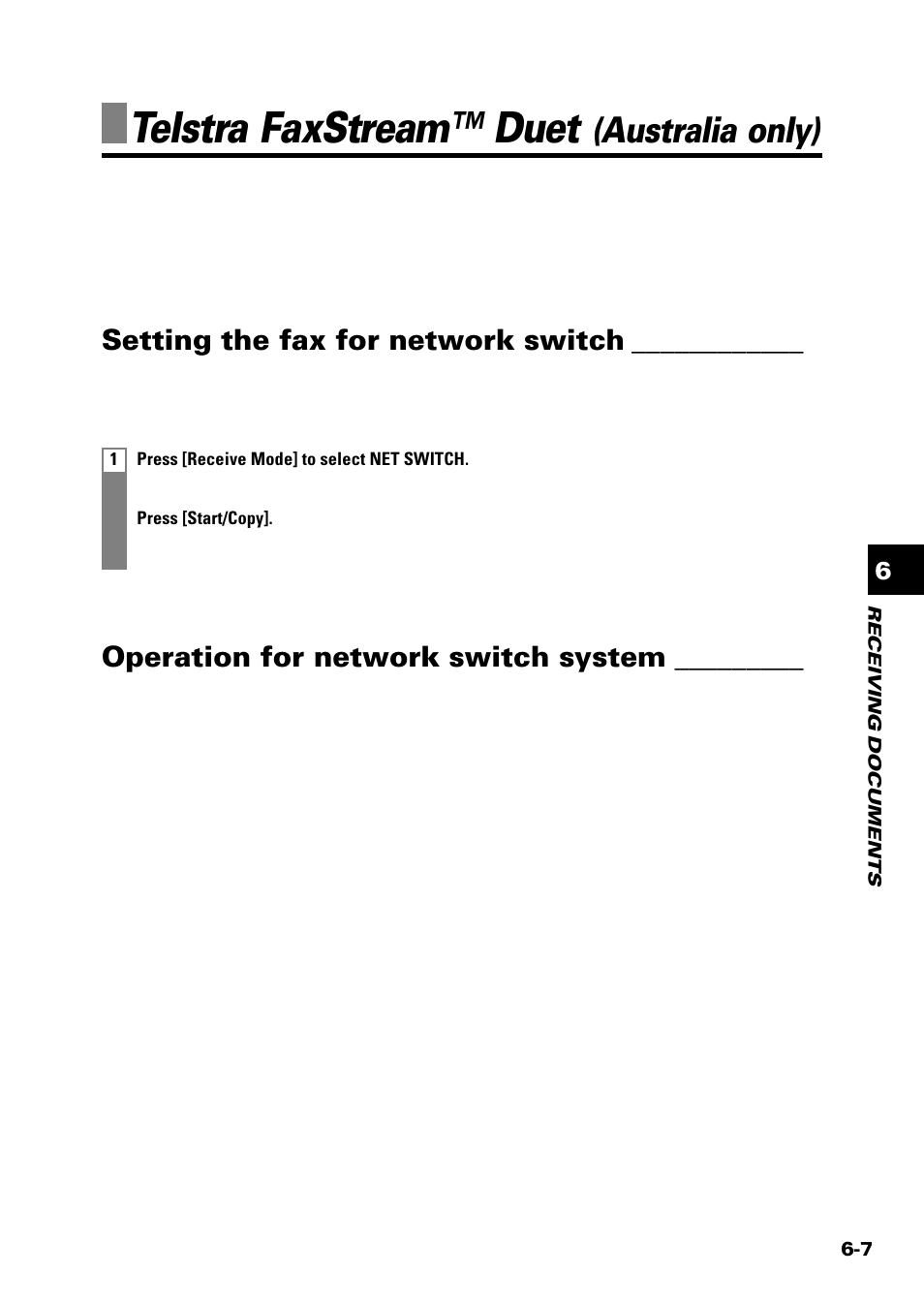 Telstra faxstream™ duet, Australia only), Setting the fax for network switch | Operation for network switch system | Sony FAX-B140 User Manual | Page 65 / 119