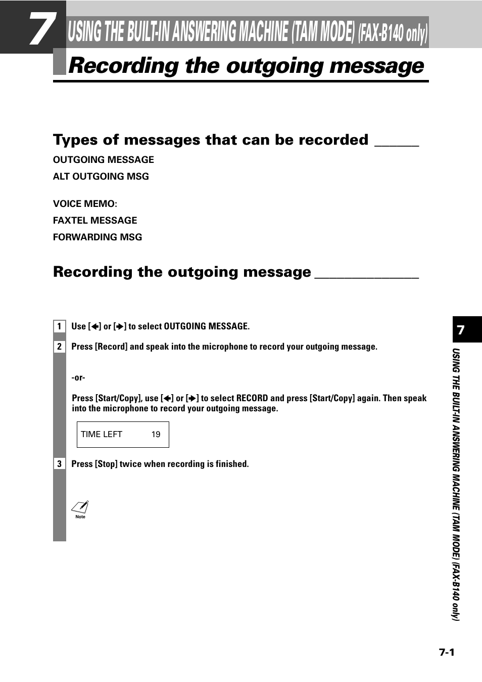 Using the built-in answering machine (tam mode), Fax-b140 only), Types of messages that can be recorded | Recording the outgoing message | Sony FAX-B140 User Manual | Page 67 / 119