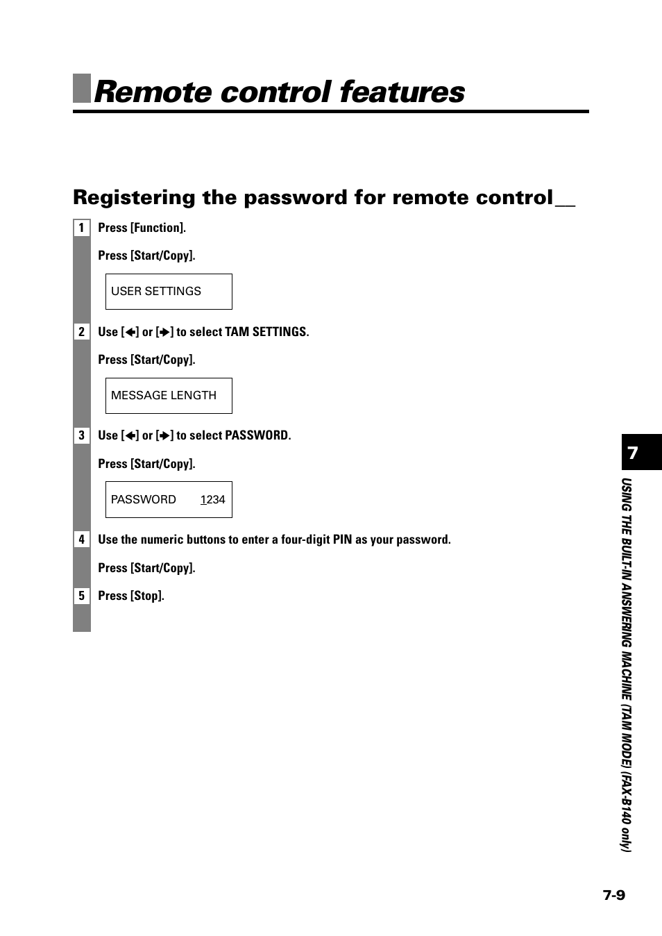 Remote control features, Registering the password for remote control | Sony FAX-B140 User Manual | Page 75 / 119
