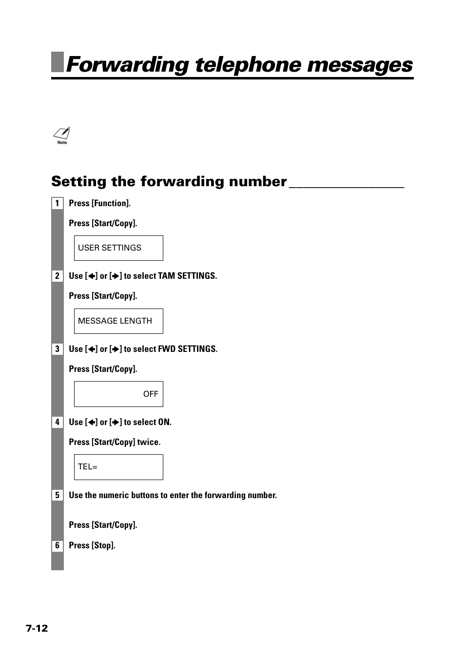 Forwarding telephone messages, Setting the forwarding number | Sony FAX-B140 User Manual | Page 78 / 119
